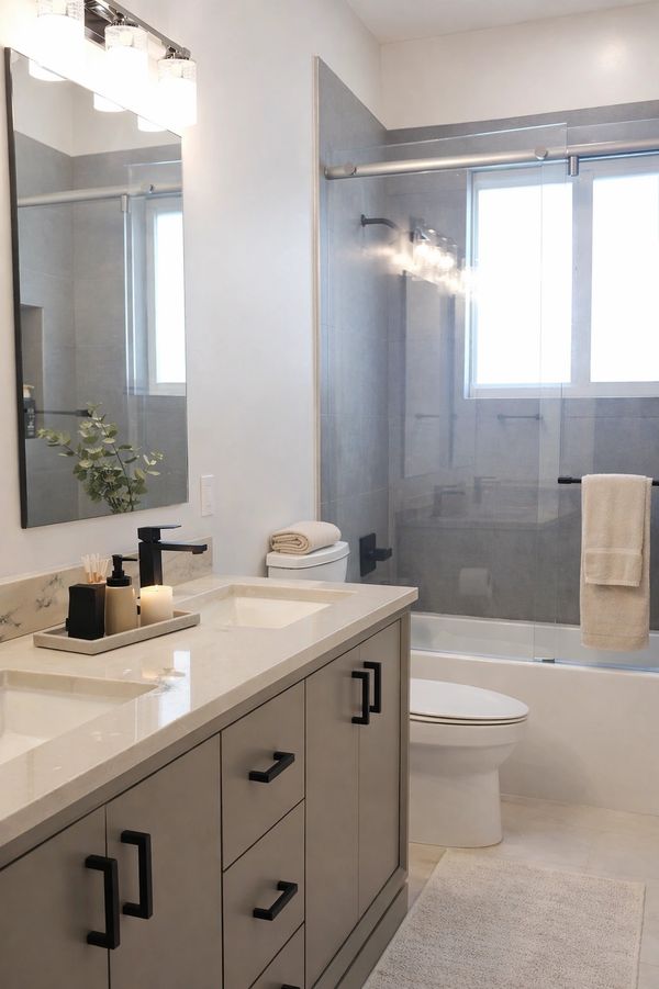 Modern bathroom with double vanity and bathtub shower.