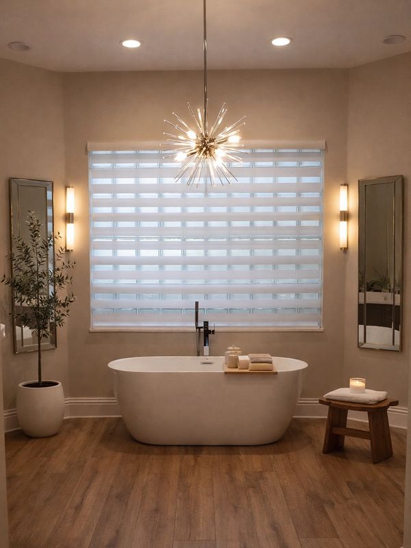 Minimalist bathroom with a freestanding tub and modern lighting.