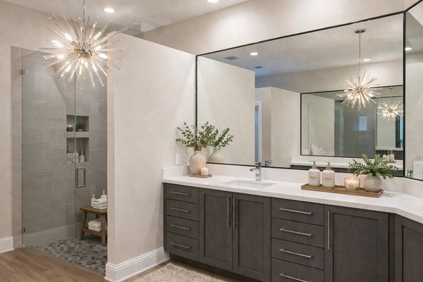 Modern bathroom with large mirror and walk-in shower.