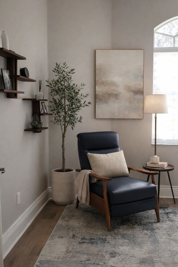 Cozy reading nook with armchair and lamp.
