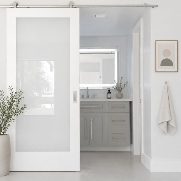 Minimalist bathroom with sliding frosted glass door and gray vanity.