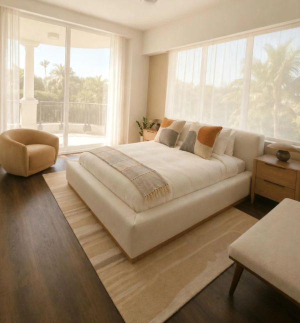 Bright modern bedroom with a large bed and natural light.