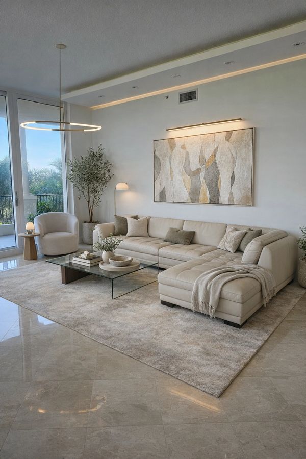 Modern neutral-toned living room with large sectional sofa and glass coffee table.
