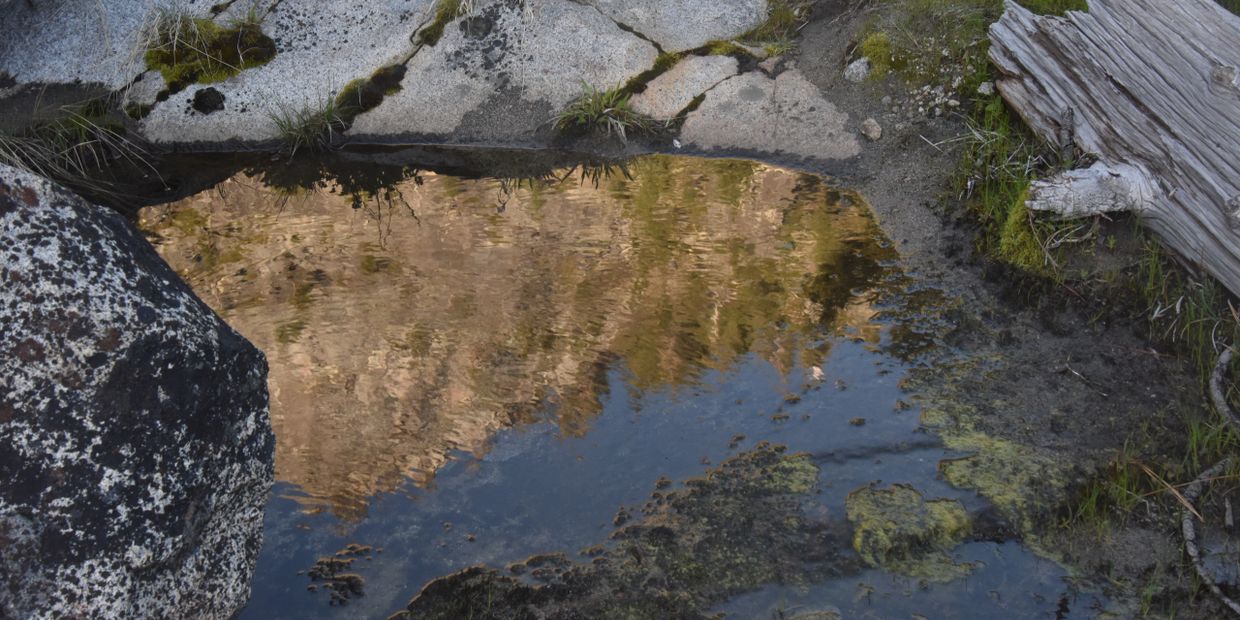 A small water pool reflecting rocky cliffs surrounded by stones and vegetation.