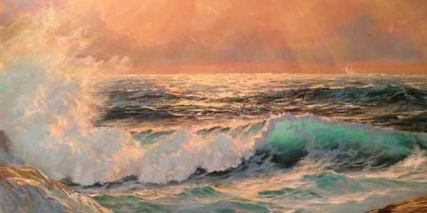Sunset over a turbulent sea with crashing waves and a distant sailboat.