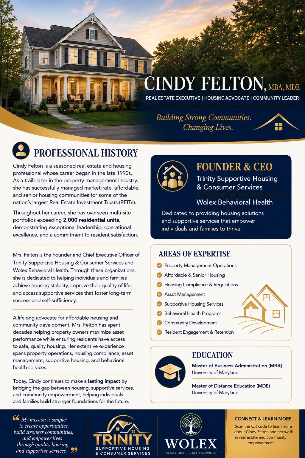 Professional profile of Cindy Felton, real estate executive and housing advocate.