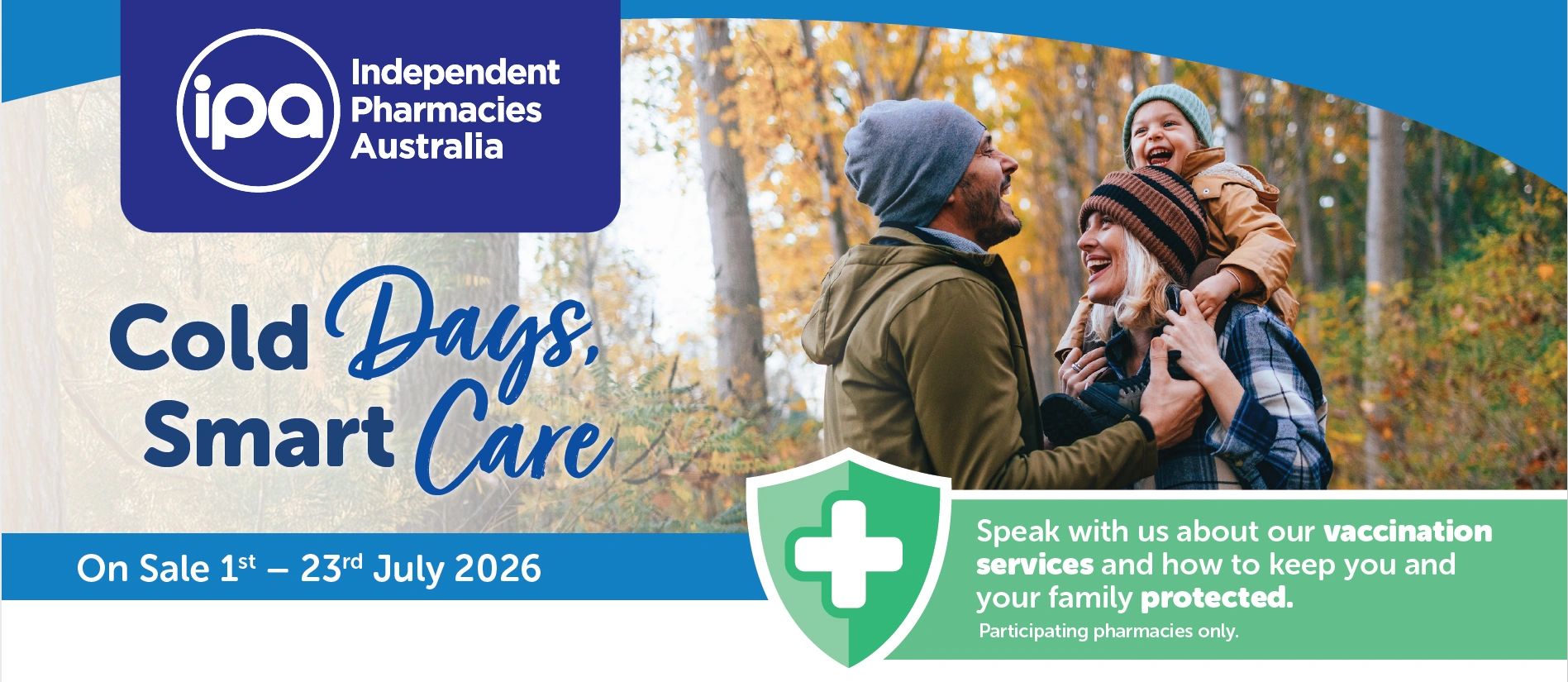 Family enjoying autumn outdoors promoting vaccination services by Independent Pharmacies Australia.