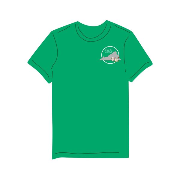 Green T-shirt with a small graphic design on the chest.