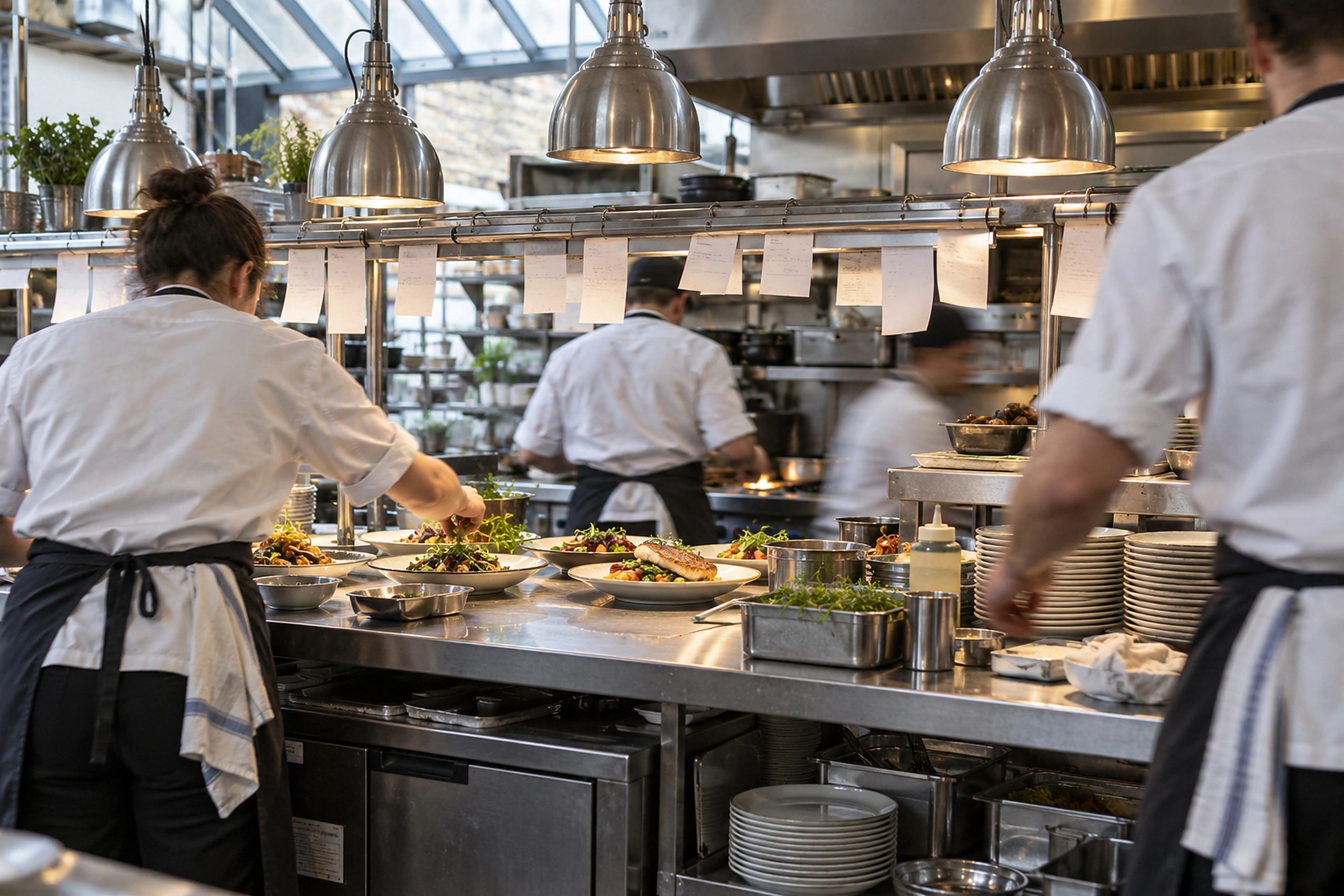 Restaurant kitchen pass at lunch service with tickets on the rail and cooks finishing plates
