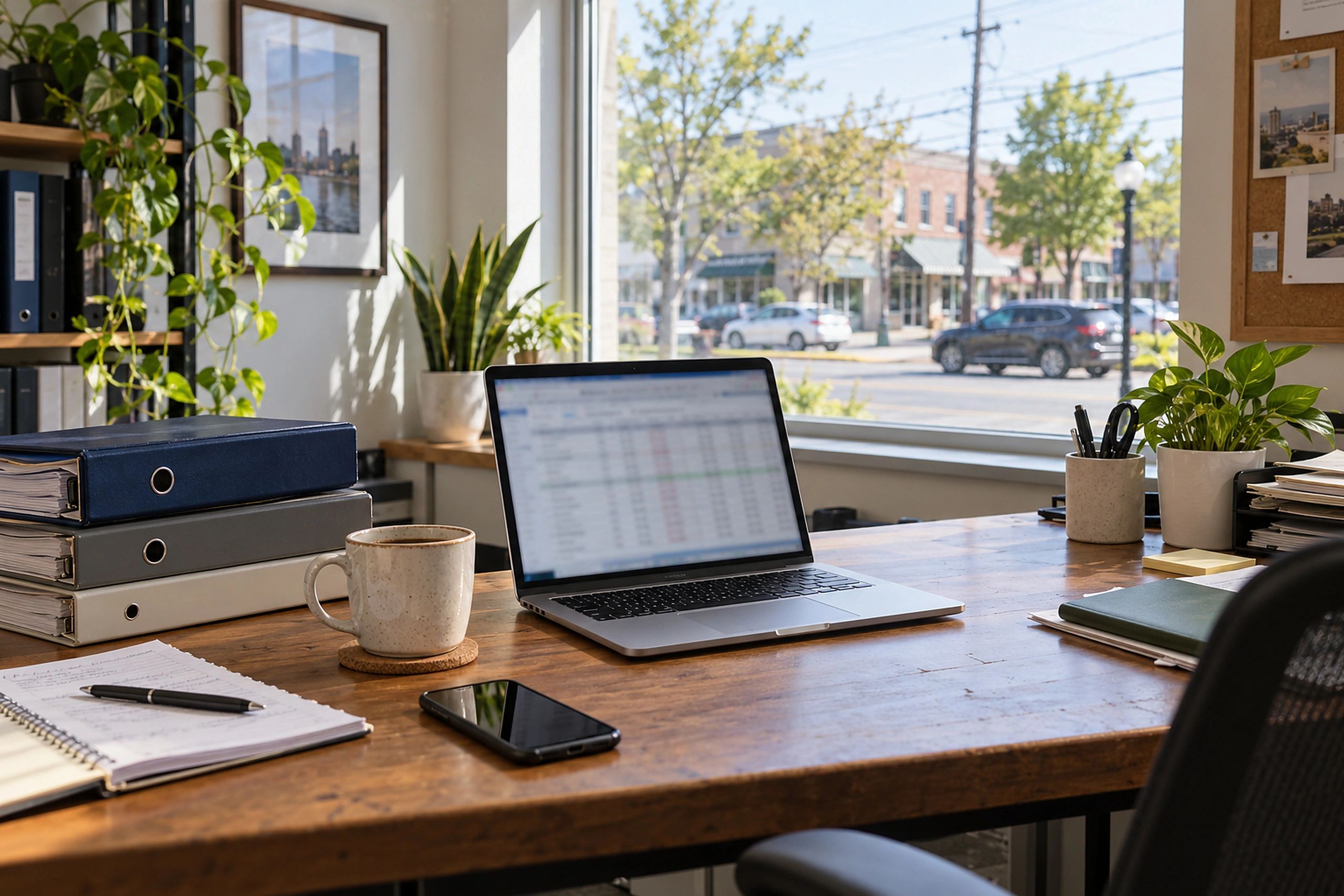 Small business office desk with a laptop, product binders and a phone by a sunny window