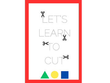 A poster with 'Let's learn to cut' and scissors icons.