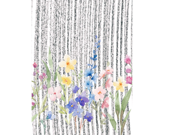 Watercolor wildflowers with vertical striped background.