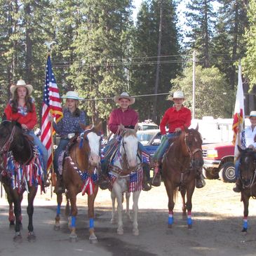 Group of riders on horses dressed in patriotic attire.