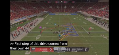 Broadcast of a college football game showing a play from UCLA's 44-yard line.