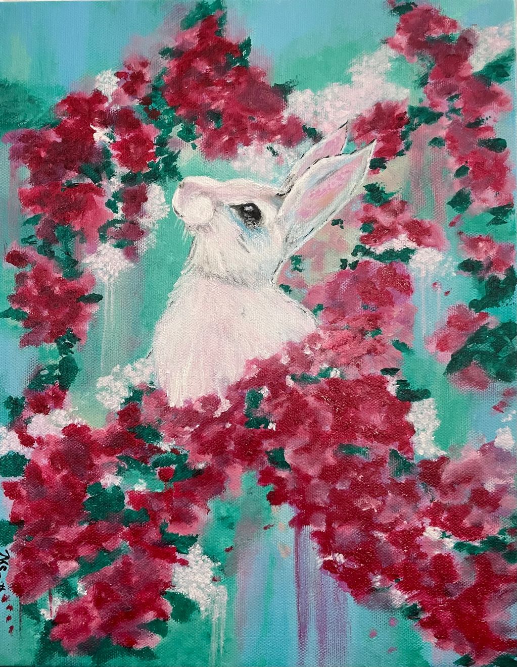 Acrylic painting of bunny in red flowers