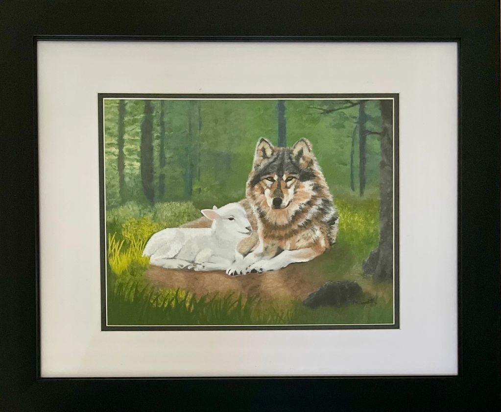 Isaiah 11:6 Acrylic painting of wolf and lamb