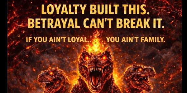 Three fiery dinosaurs with a loyalty quote about family and betrayal.