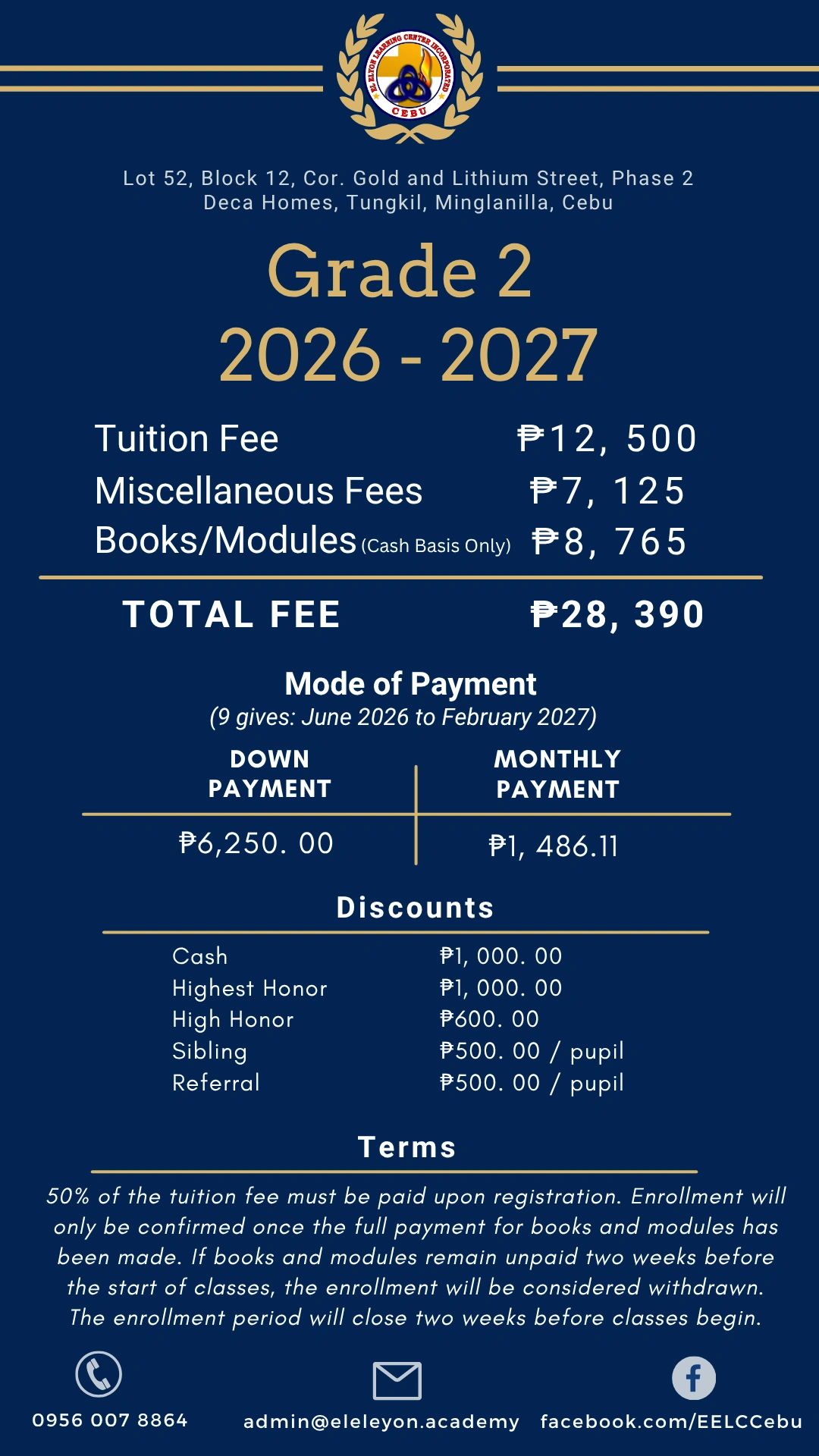 Grade 2 tuition and fees for 2026-2027 at Elelyon Learning Center, Cebu.
