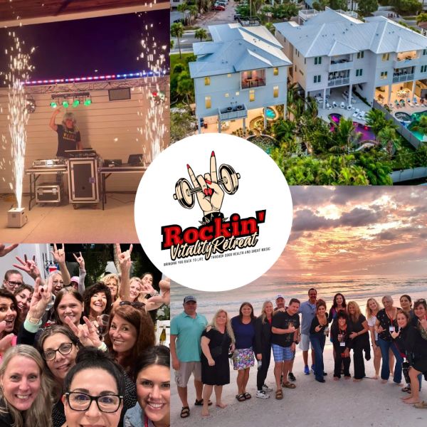 Group enjoying Rockin' Vitality Retreat at the beach with lively DJ and beautiful sunset.