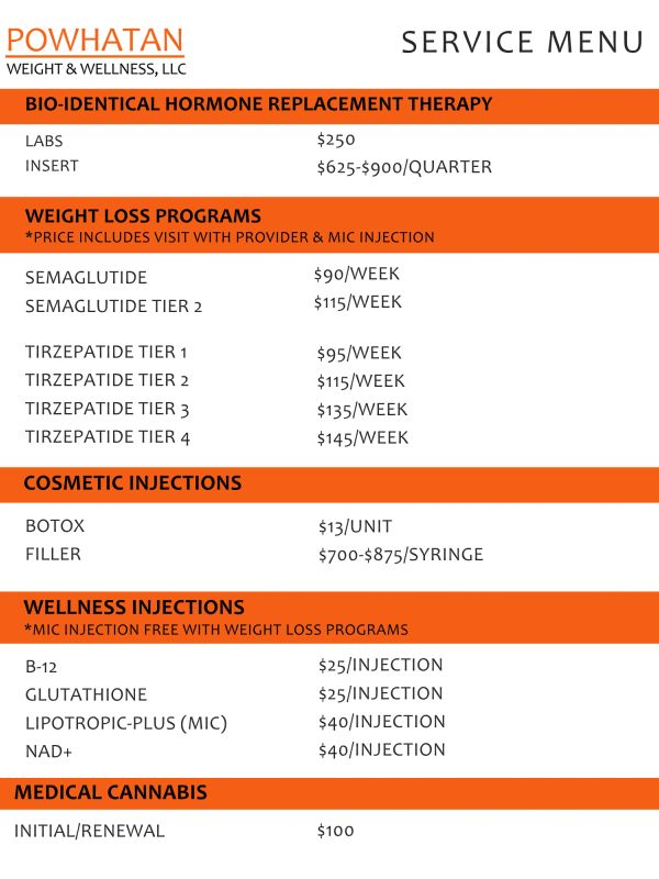 Service menu for Powhatan Weight &amp; Wellness, listing hormone therapy, weight loss, cosmetic, wellness injections, and medical cannabis.