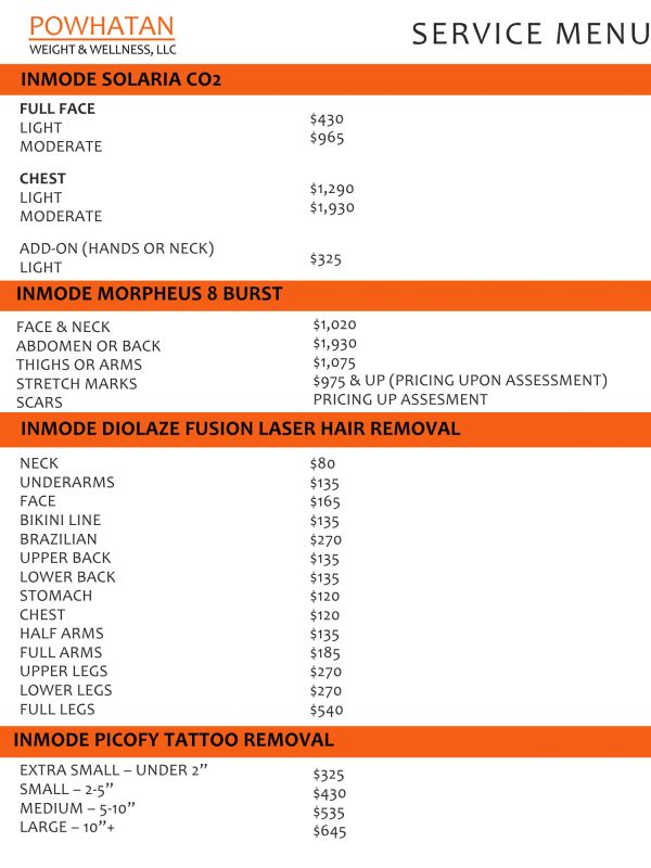 Service menu for Powhatan Weight &amp; Wellness laser and tattoo removal treatments.