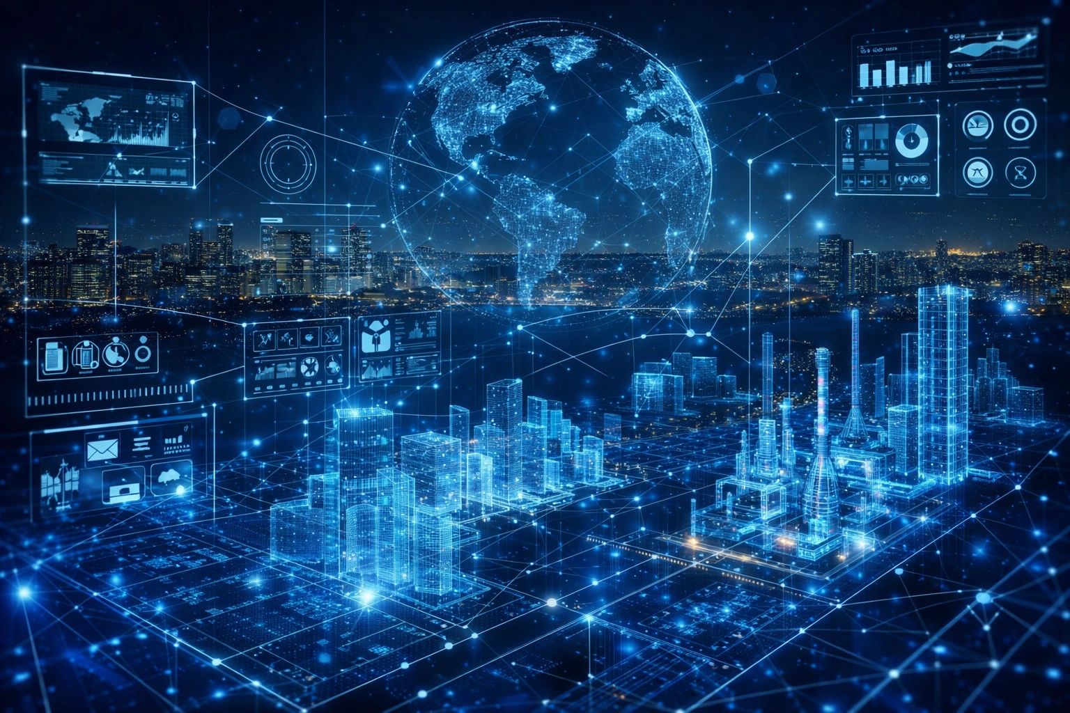 Digital cityscape with holographic Earth and data interfaces.