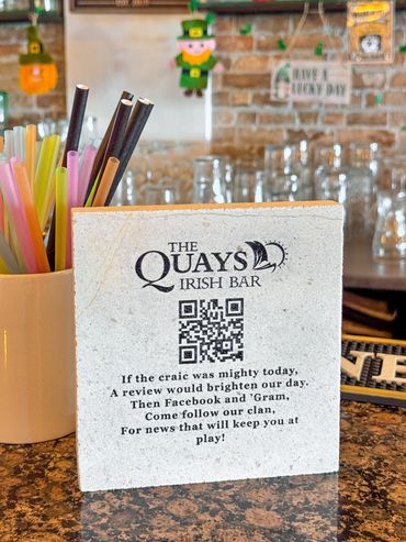 Laser engraved marble for Quays Irish Restaurant and bar, duquesa by We Laser Art, Costa del Sol