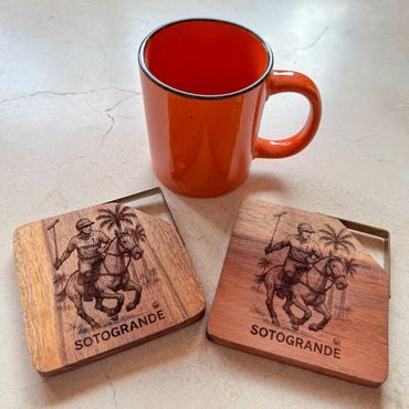 Sotogrande wood coasters engraved with Polo player by We Laser Art
