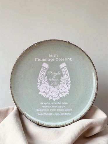Laser engraved ceramic wedding plate by We Laser Art