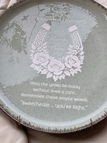 Laser engraved ceramic wedding plate by We Laser Art