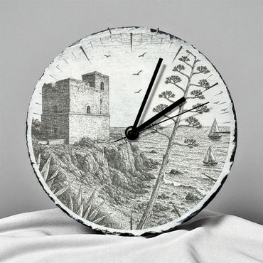 Natural slate clock, hand painted and laser engraved of Torre de la Sal, Casares by We Laser Art