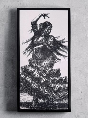 Flamenco Laser Engraved Ceramic Artwork in black aluminium frame by We Laser Art, Costa del Sol