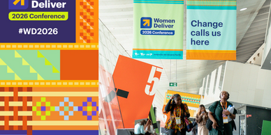 Women attending the Women Deliver 2026 Conference with colorful banners and signage.