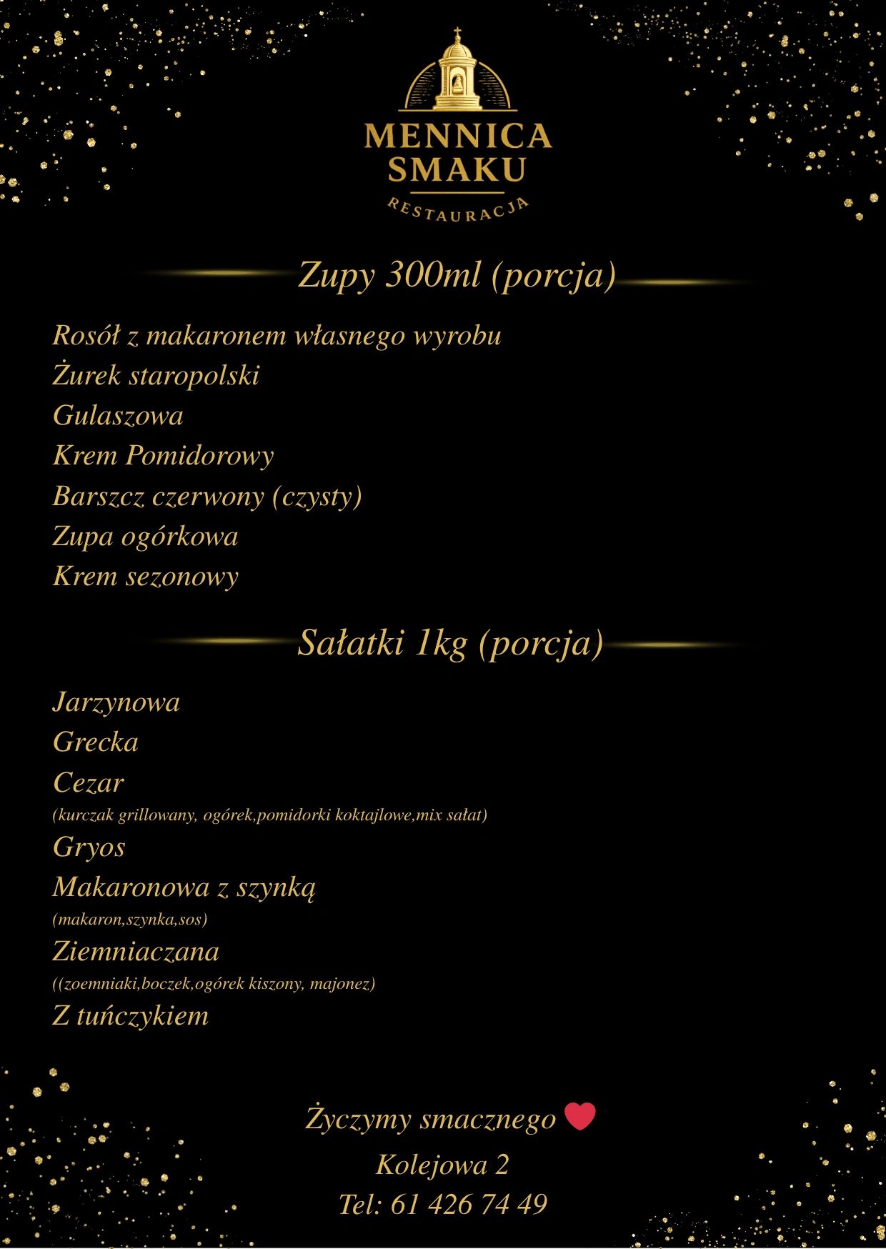 Menu of soups and salads at Mennica Smaku restaurant with contact details.