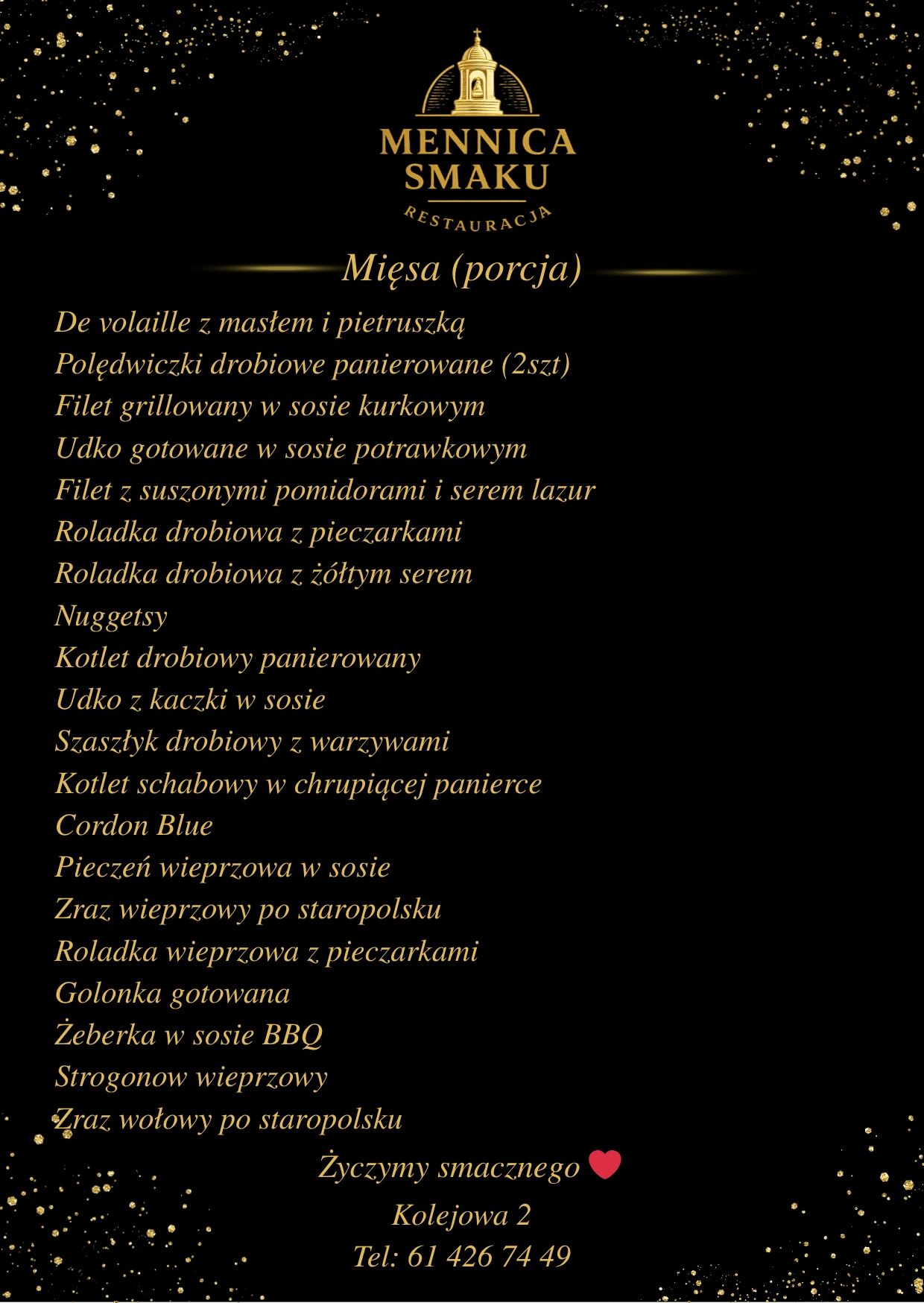 Menu of meat dishes from Mennica Smaku restaurant with contact details.
