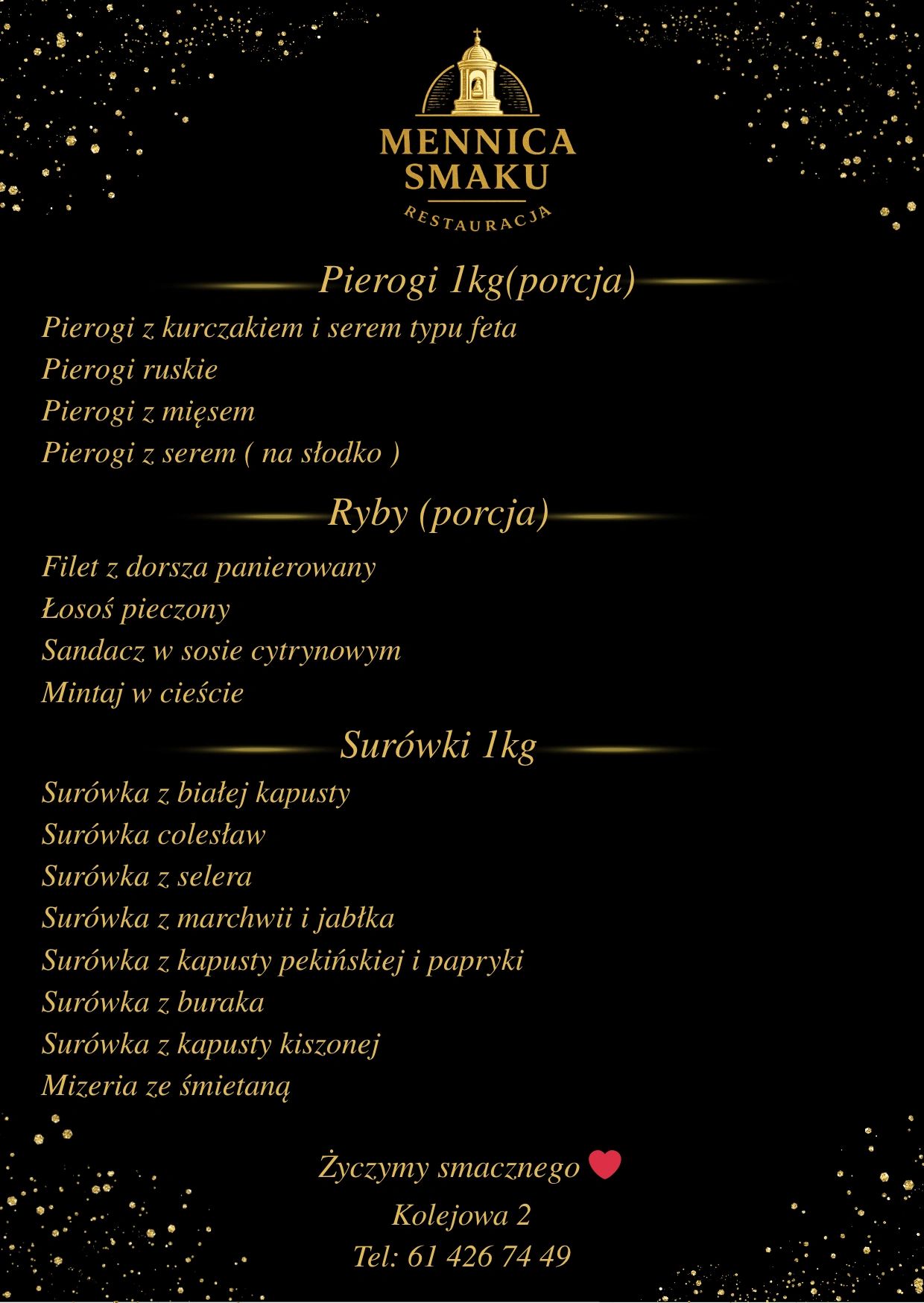 Menu with pierogi, fish dishes, and salads from Mennica Smaku restaurant.