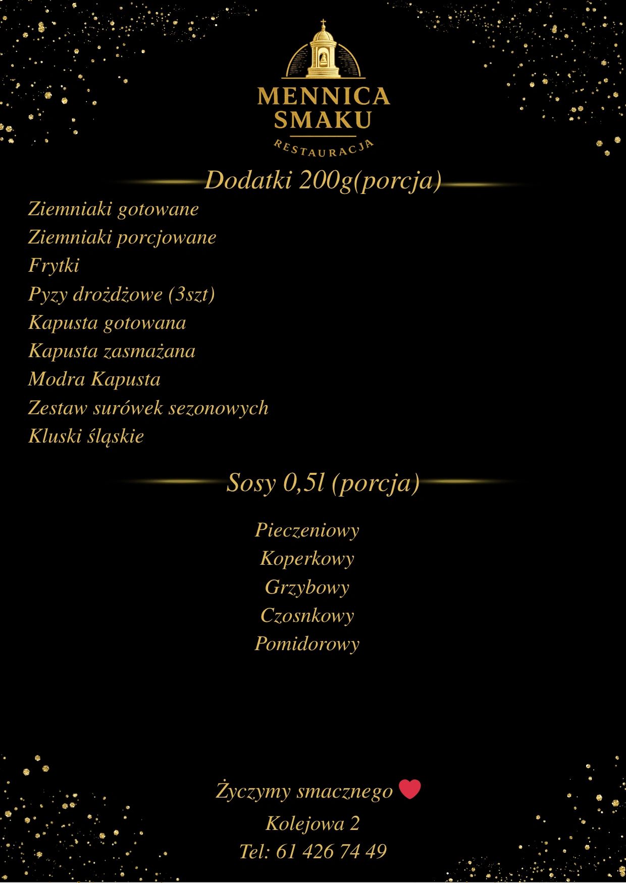 Menu of sides and sauces from Mennica Smaku restaurant with contact details.