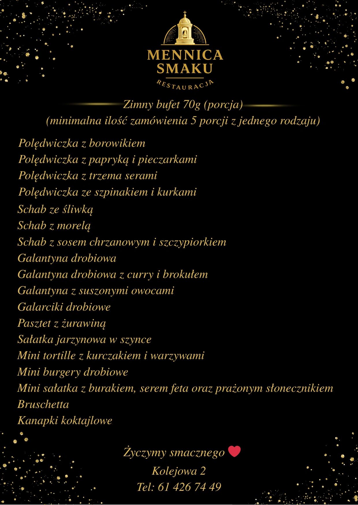 Menu of cold buffet dishes from Mennica Smaku restaurant in elegant gold on black.