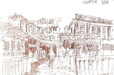 Sketch of Seattle's Public Market Center and Farmers Market entrance.