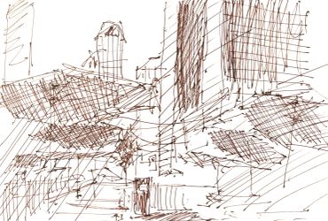 Abstract sketch of urban buildings with cross-hatching shading.