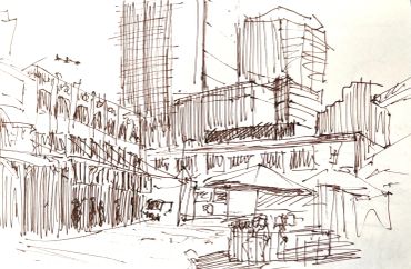 Sketch of an urban plaza with tall buildings and market stalls.