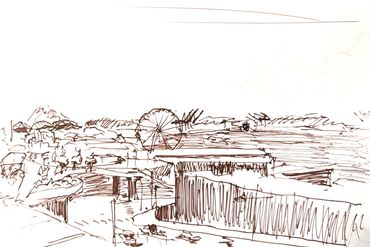 Ink sketch of a cityscape with a Ferris wheel and architectural structures.