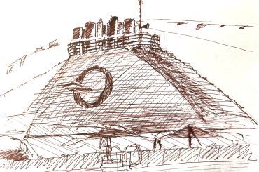Pen sketch of a pyramid-shaped structure with a circular emblem and rooftop details.