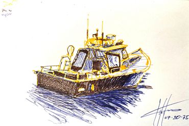 Hand-drawn sketch of a boat with yellow and blue ink.