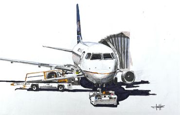 Drawing of a United Airlines plane at the gate with ground service vehicles.