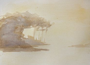 Minimalist watercolor painting of a landscape with trees and subtle earth tones.