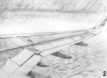 Pencil sketch of an airplane wing viewed from the window.