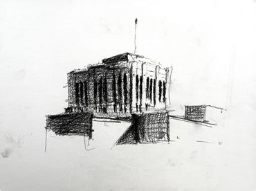 Charcoal sketch of a building with vertical windows and a flagpole on top.