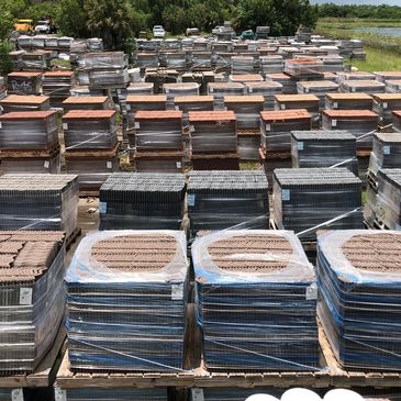 pallets of tile lined up