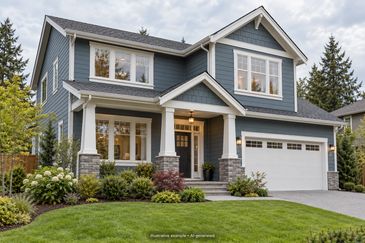 Illustrative AI-generated home with blue fiber-cement siding and white-trimmed windows.